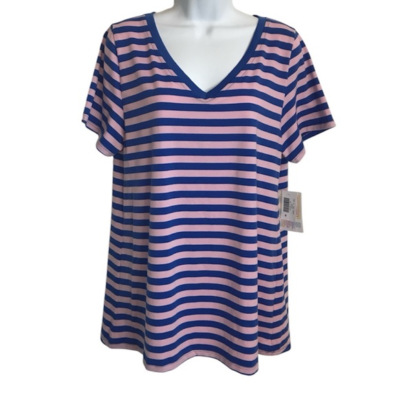 🔴 4/$15 New LuLaRoe Brand Christy Blue & Pink Stripe V-Neck SS Tee size M NWT - Picture 1 of 14